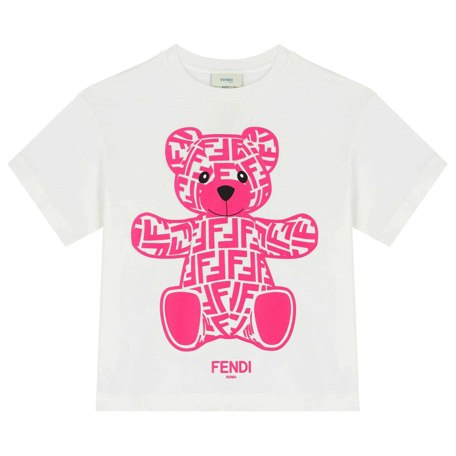 Fendi Girls Ivory Pink Teddy Logo T Shirt Junior Couture UAE