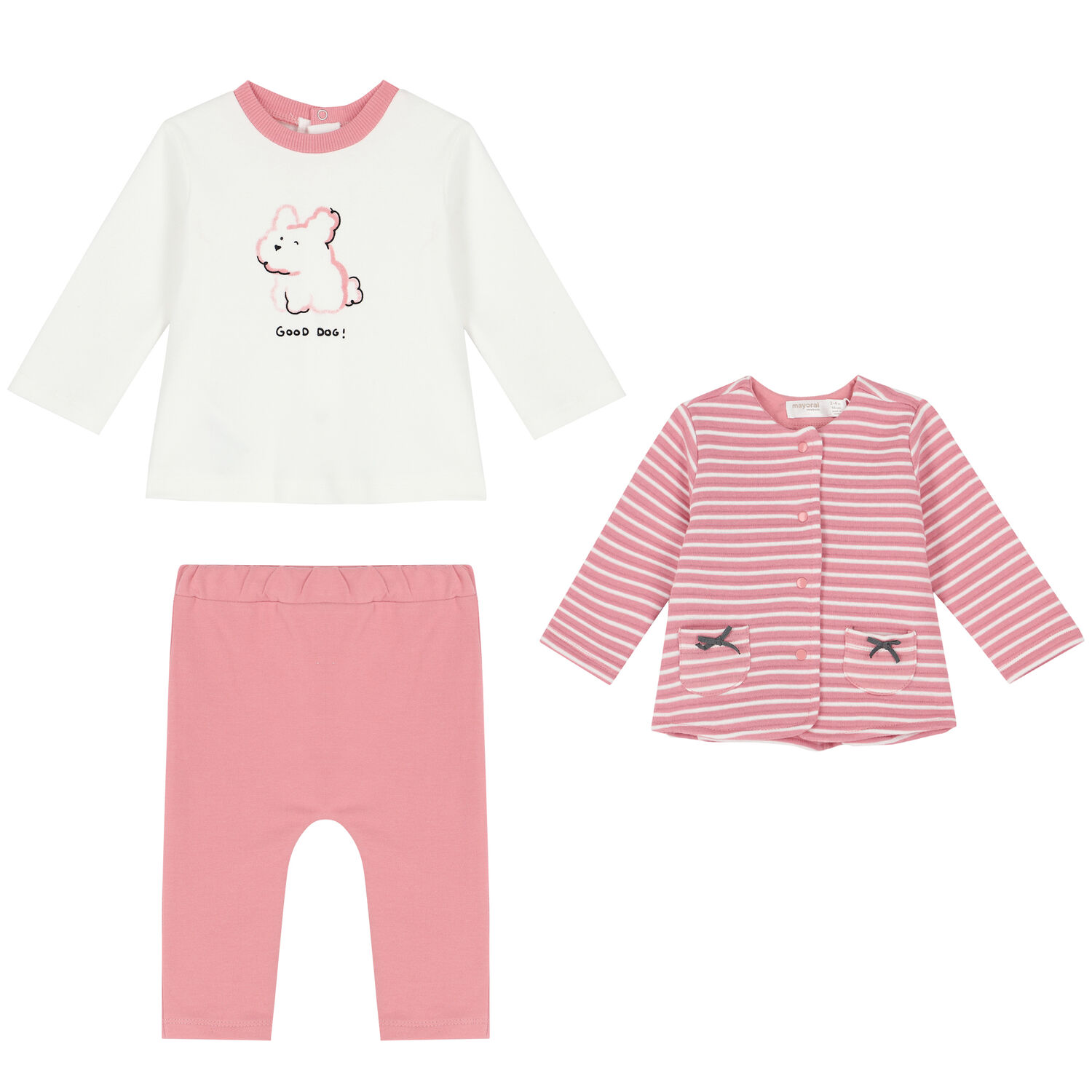 Baby Girls Pink & White 3 Piece Tracksuit, 1, hi-res