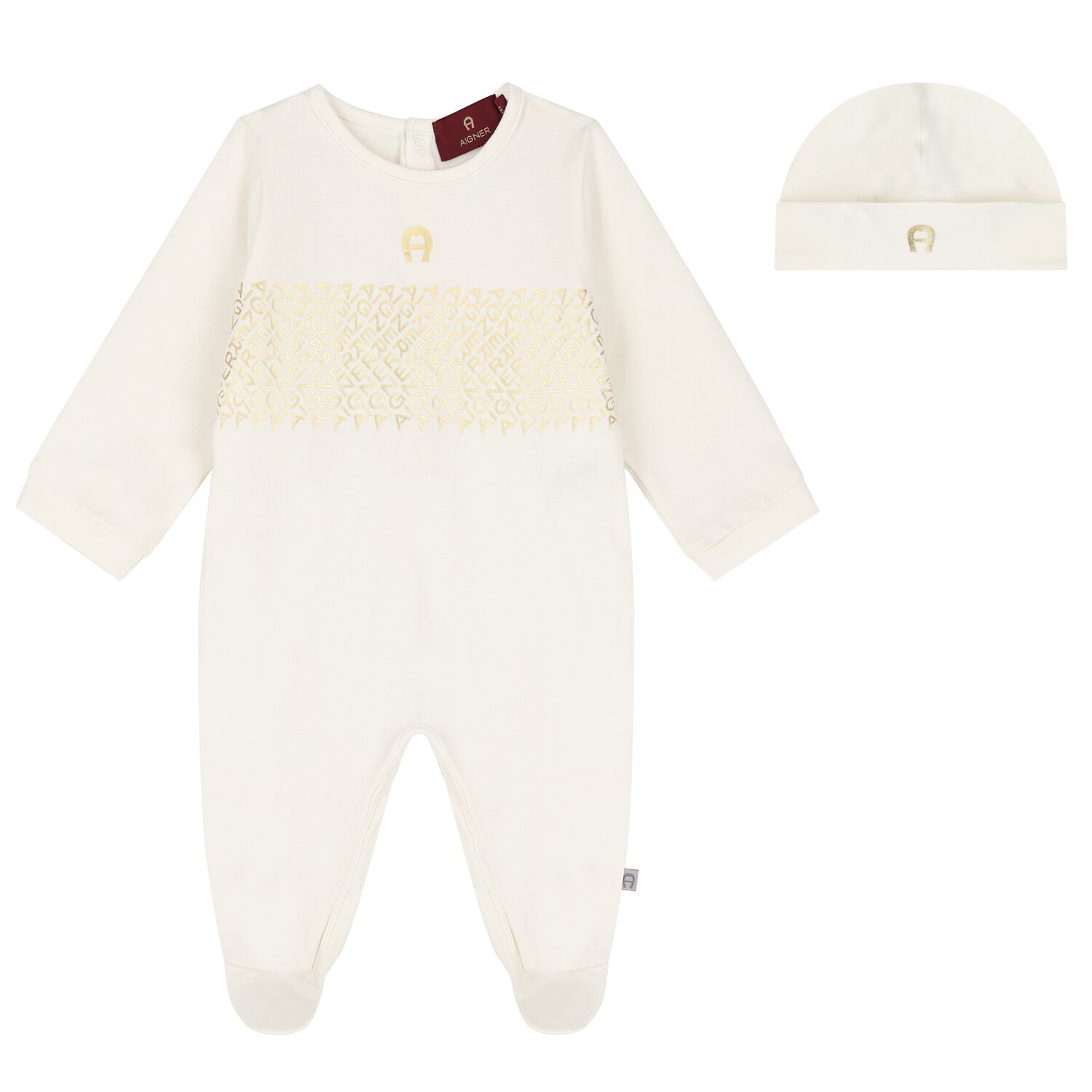 Ivory & Gold Logo Babygrow & Hat Gift Set, 1, hi-res
