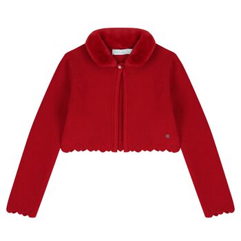 Abel & Lula Girls Red Faux Fur Collar Cardigan, 3 Girls Red Faux Fur Collar Cardigan