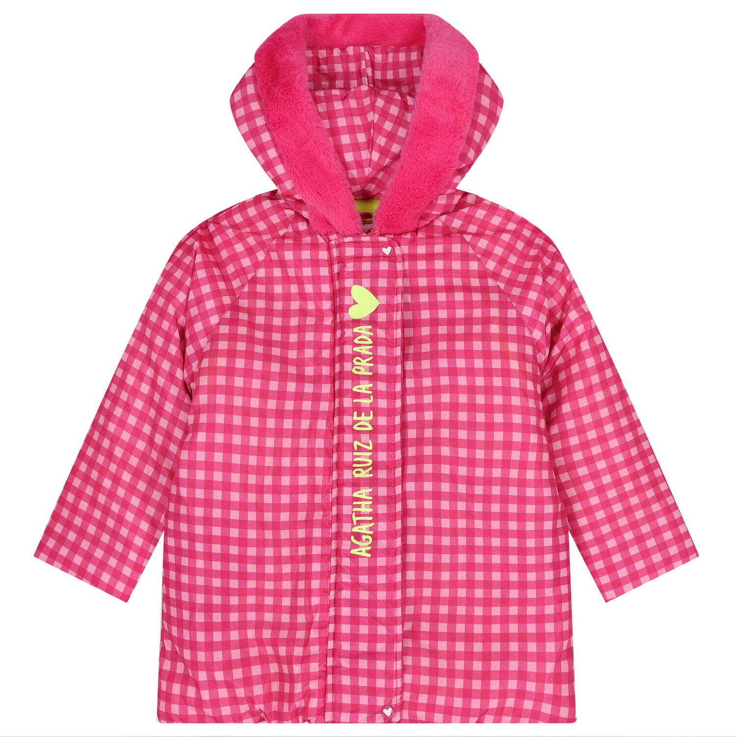 Girls Pink Gingham Logo Hooded Puffer Coat, 1, hi-res
