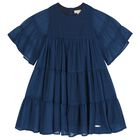 Girls Navy Blue Logo Tiered Dress, 1, hi-res