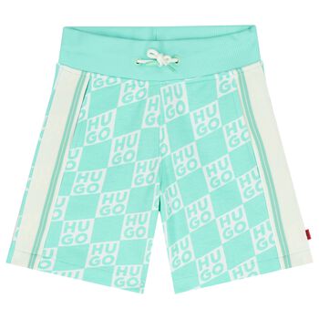 Boys Aqua & White Check Logo Shorts