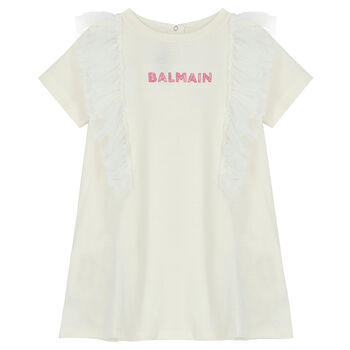 Younger Girls Ivory Logo Ruffled Dress