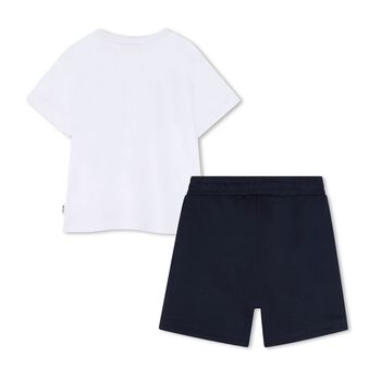 Younger Boys Mini Me Navy Blue & White Logo Shorts Set