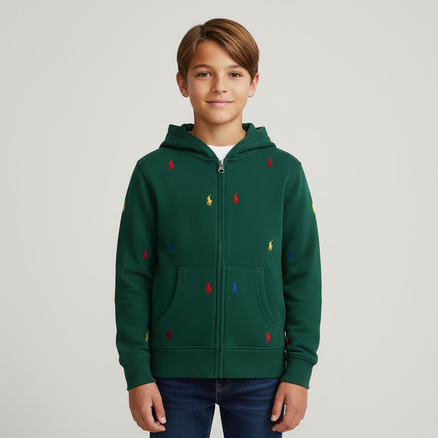 Boys Green Logo Hooded Zip Up Top, 1, hi-res image number null