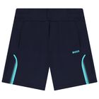 Boys Navy Blue Logo Shorts, 1, hi-res