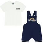 White & Navy Blue Teddy Bear Logo Dungaree Set, 1, hi-res