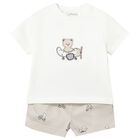 Baby Boys White & Beige Shorts Set, 1, hi-res