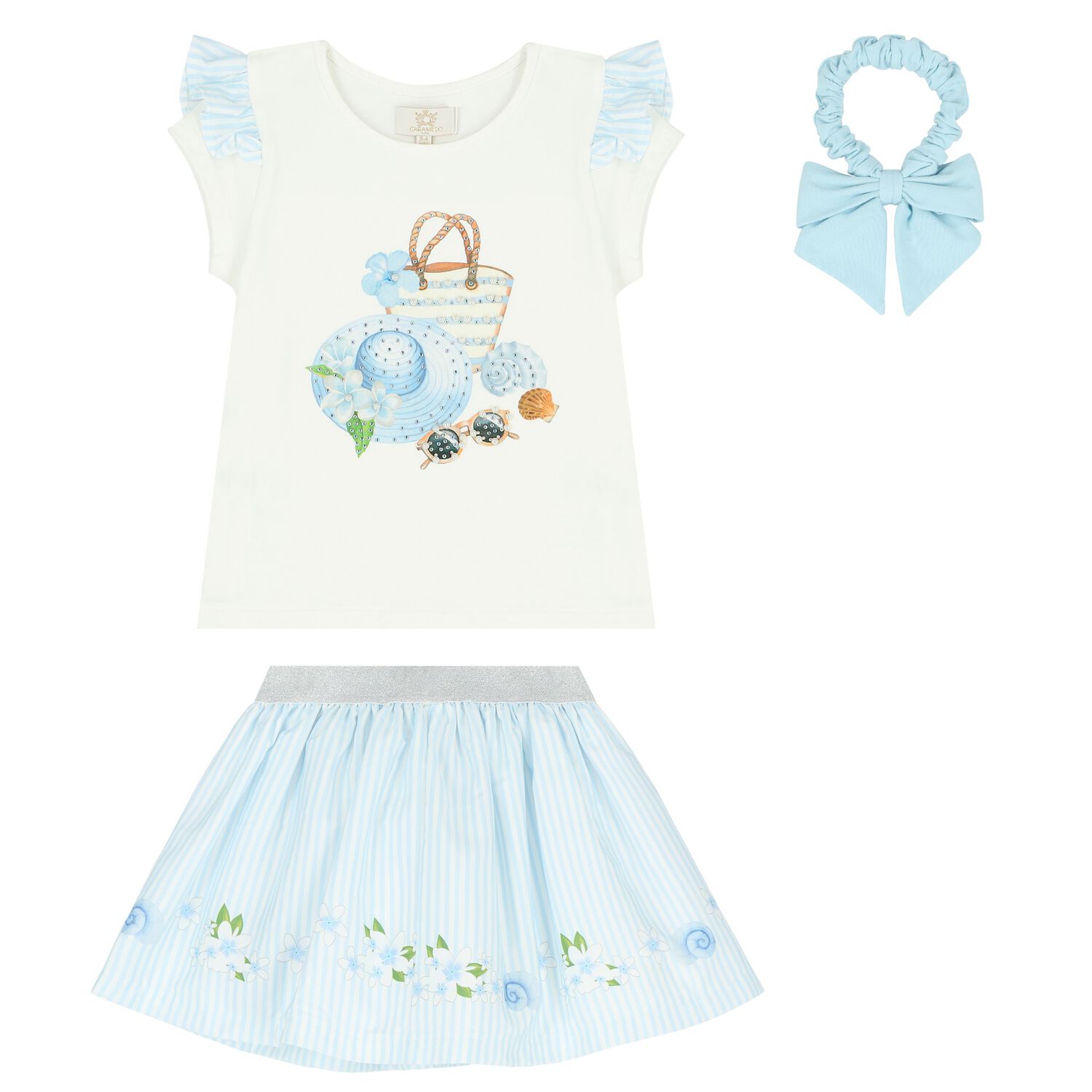 Girls White & Blue Striped Skirt Set, 2, hi-res image number null