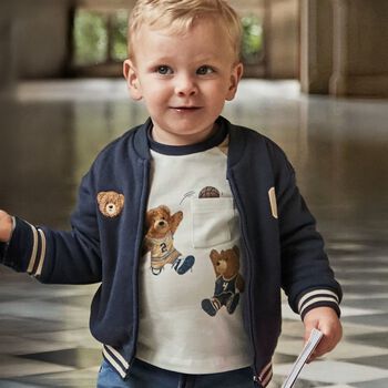 Younger Boys Ivory & Beige Teddy Bear Long Sleeve Top