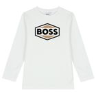 Boys White Logo Long Sleeve Top, 1, hi-res