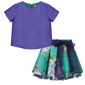 Girls Purple & Green Floral Skirt Set