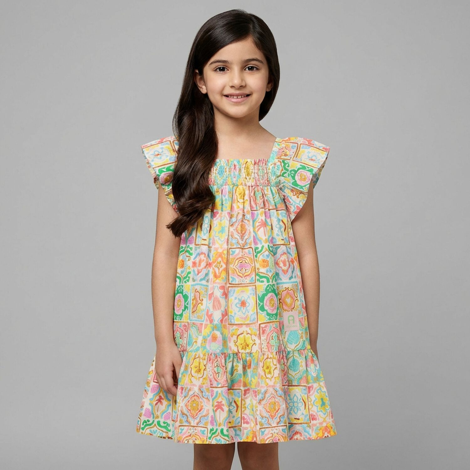 Girls Multi-Coloured Shirred Dress, 1, hi-res