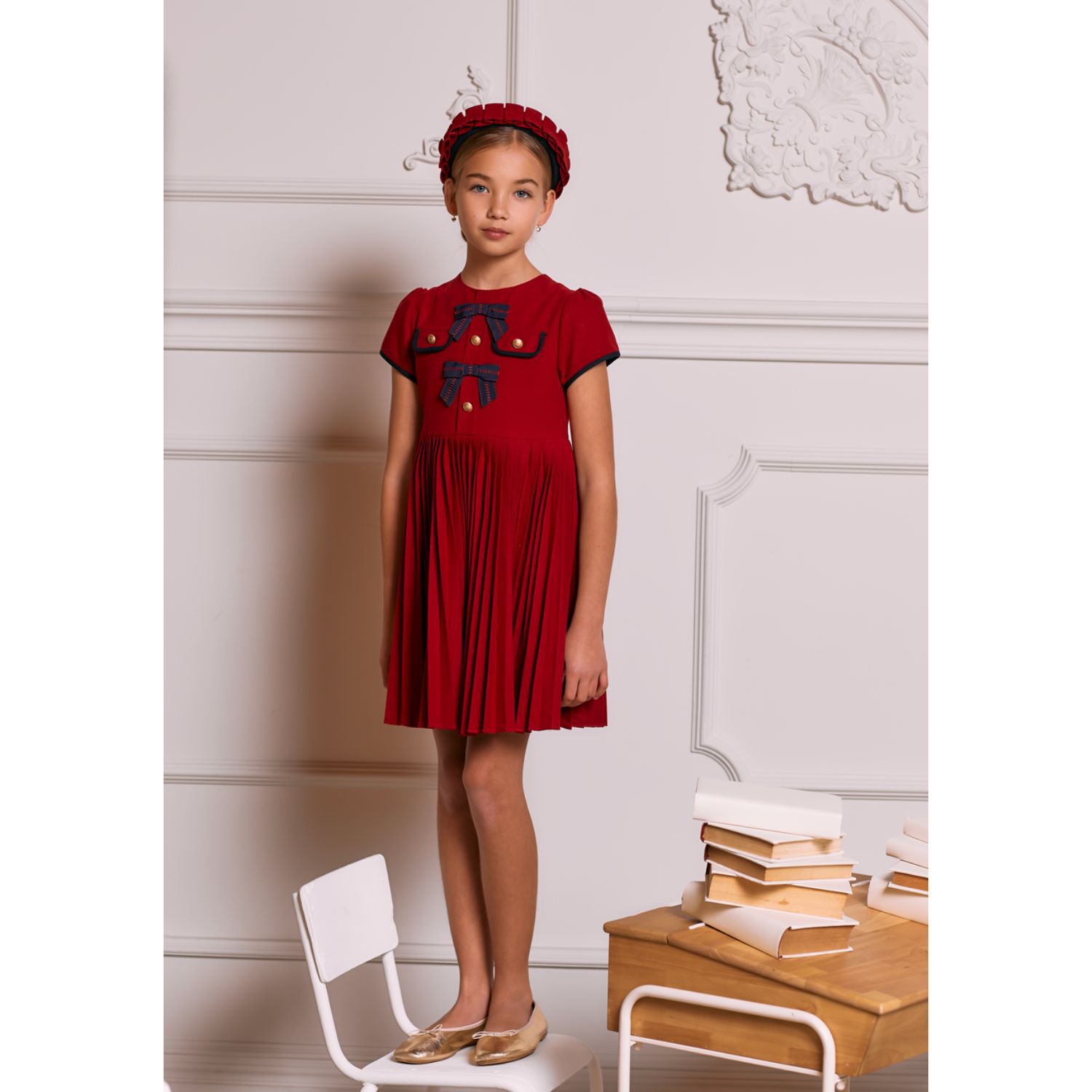 Girls Red Pleated Dress, 2, hi-res