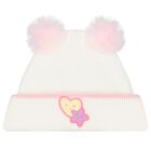 Baby Girls White Tulle Pom Pom Beanie Hat, 1, hi-res