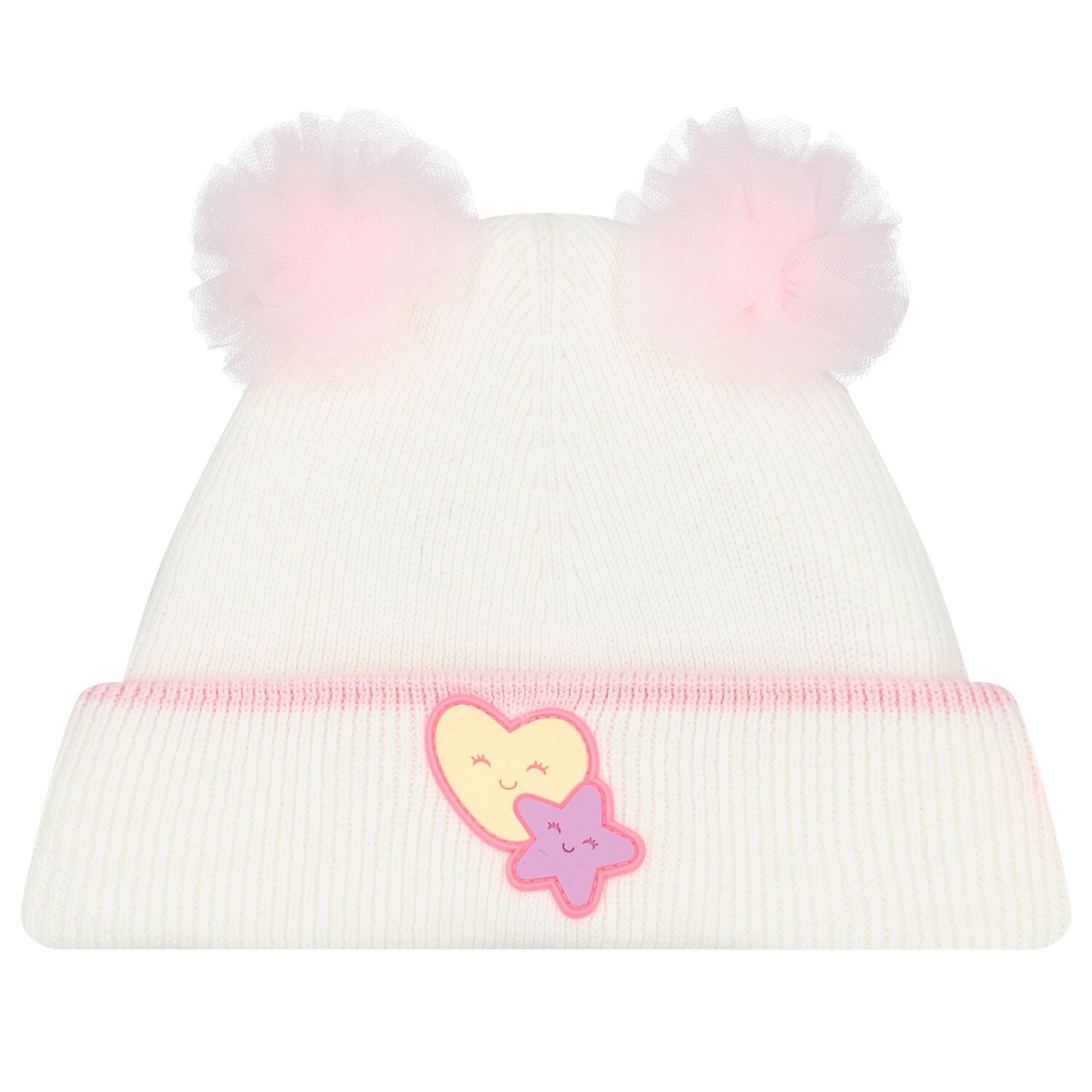 Baby Girls White Tulle Pom Pom Beanie Hat, 1, hi-res