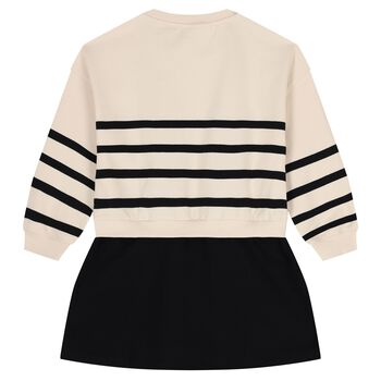 Girls Beige & Black Logo Striped Dress