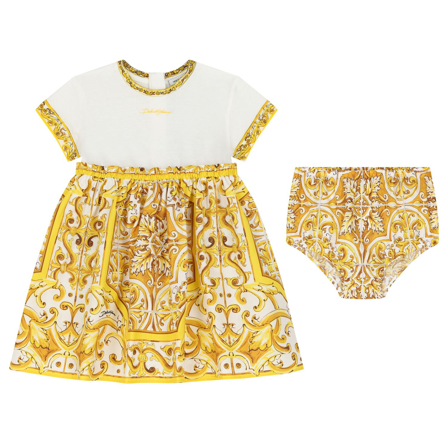 Baby Girls White & Yellow Majolica Dress Set, 1, hi-res