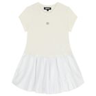 Girls Ivory & White Logo Dress , 1, hi-res