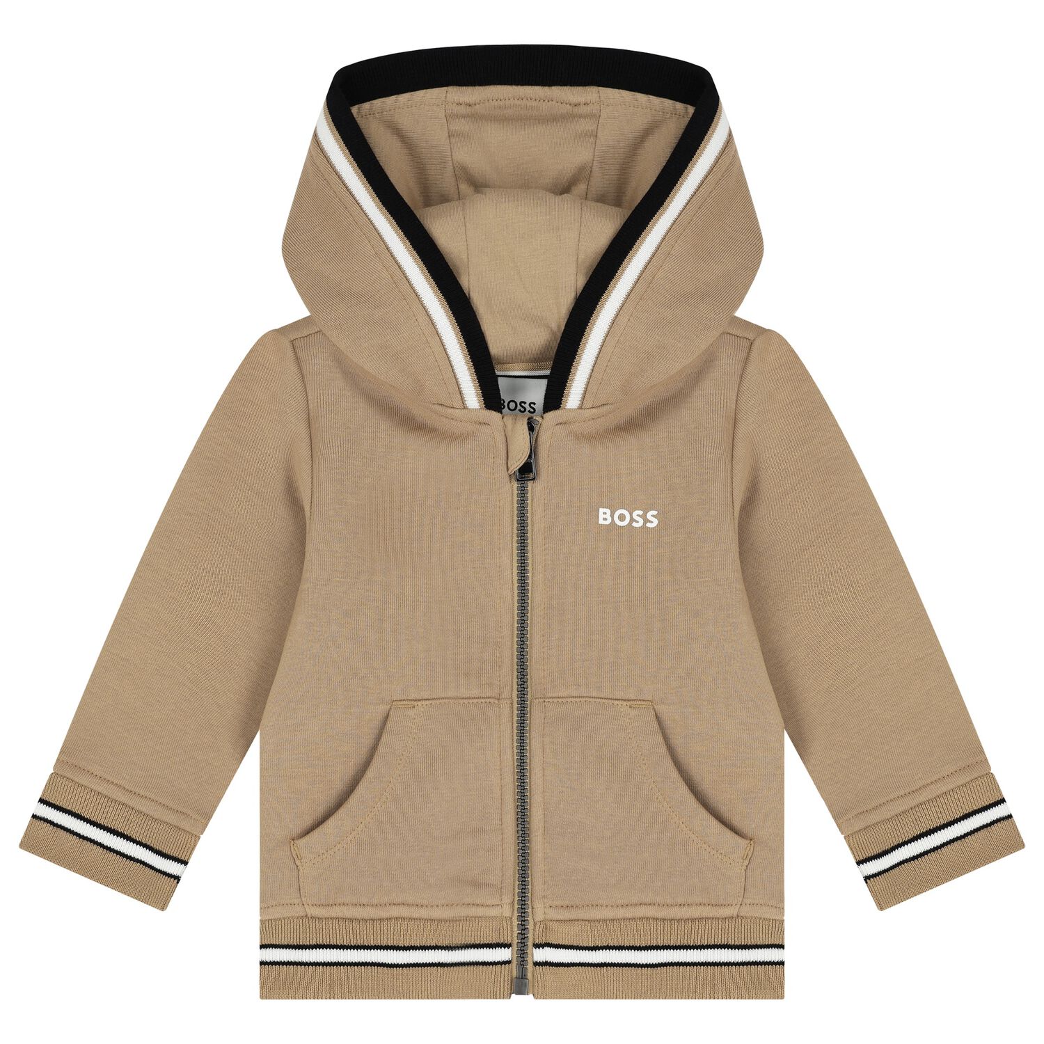 Younger Boys Beige Logo Hooded Zip Up Top, 2, hi-res image number null