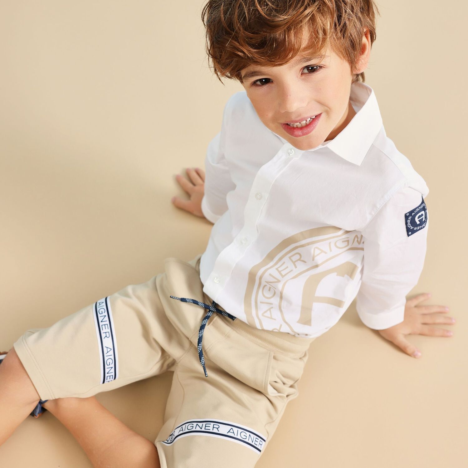 Boys Beige Logo Shorts, 3, hi-res image number null