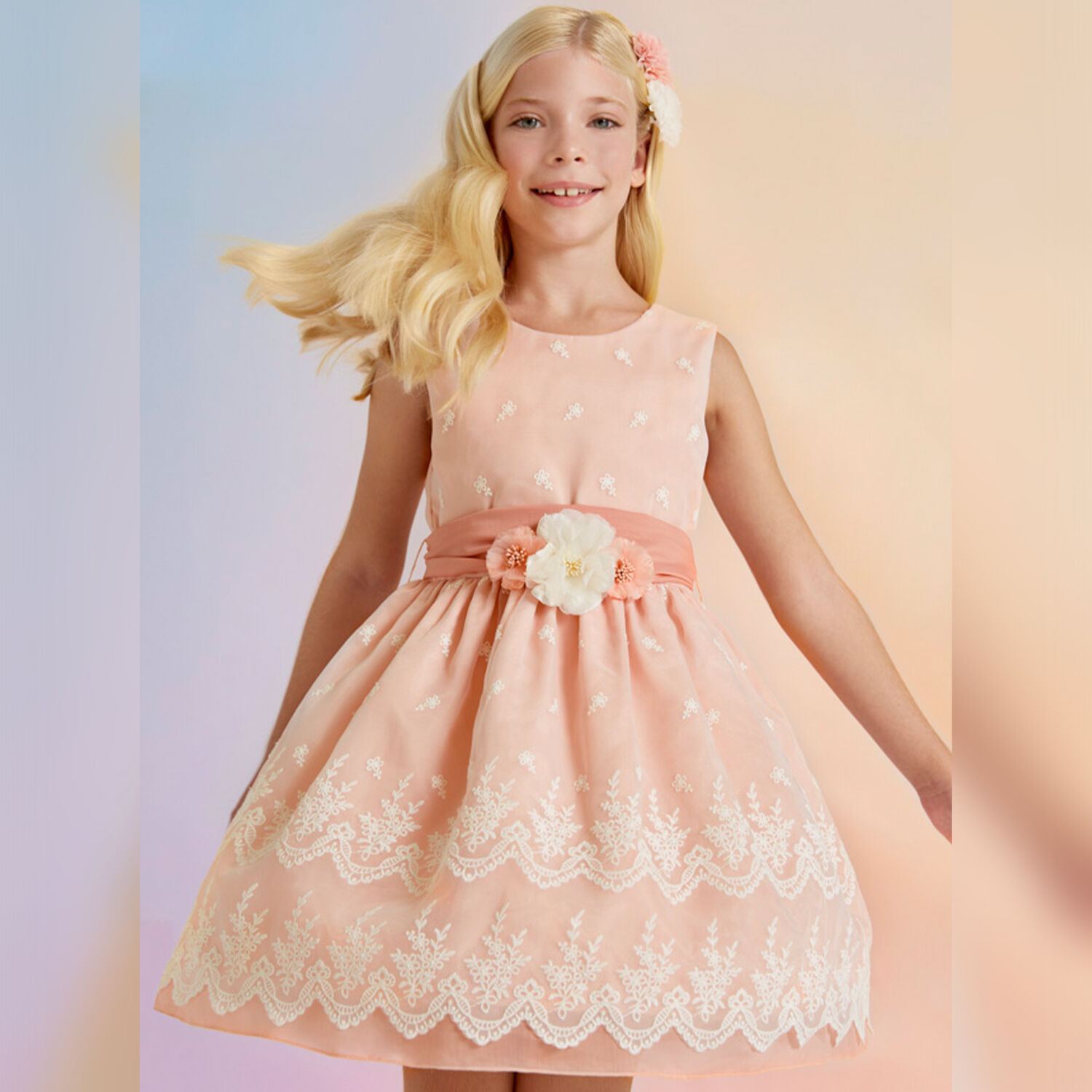 Girls Pink Embroidered Organza Dress, 1, hi-res