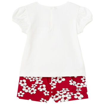 Younger Girls White & Red Floral Shorts Set