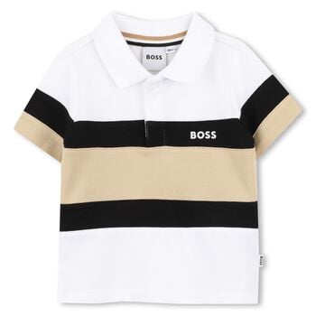 Younger Boys White, Black & Beige Logo Polo Shirt