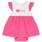 Baby Girls Pink and White Broderie Anglaise Dress, 1, hi-res