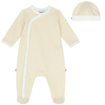 Baby Boys White & Beige Babygrow & Hat Gift Set