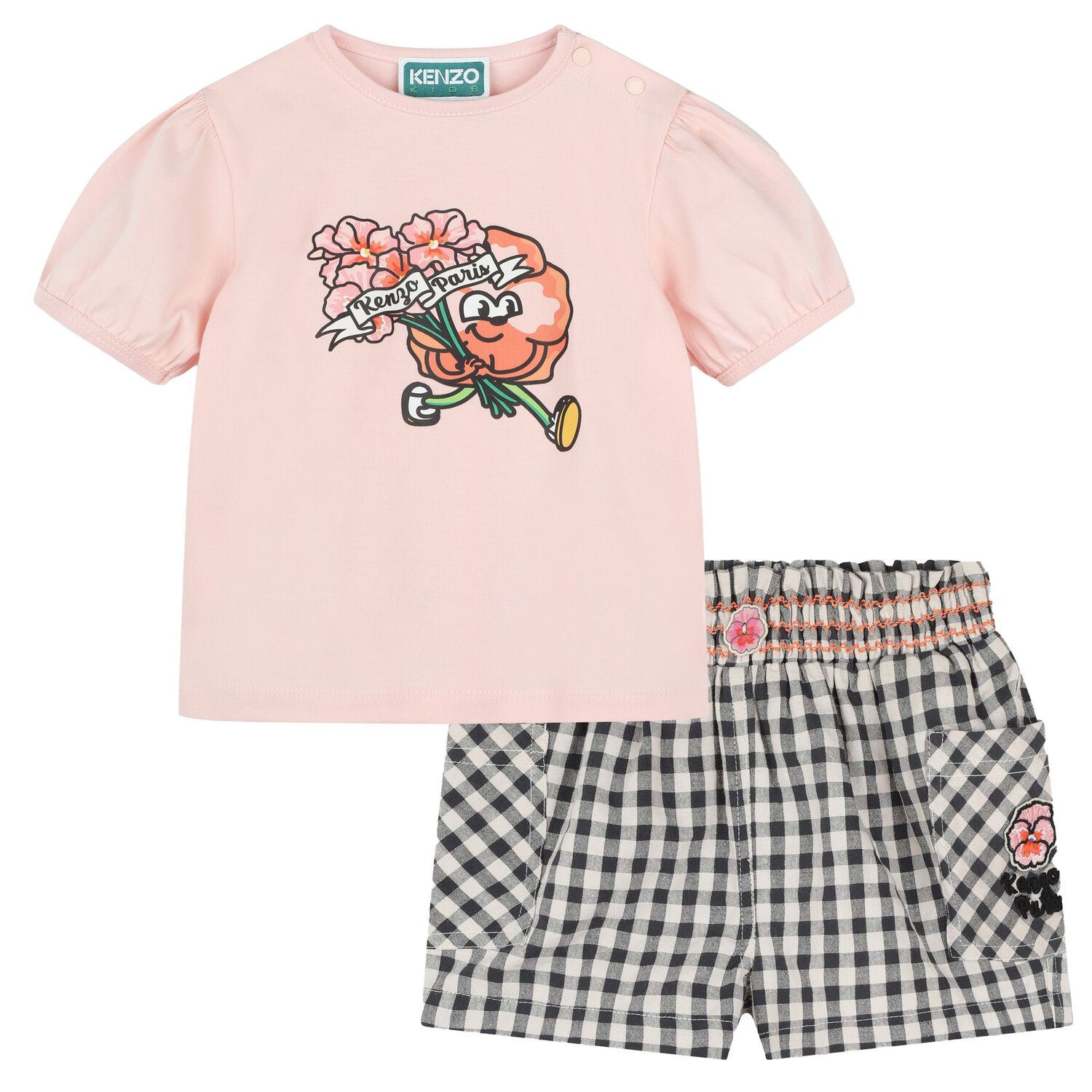 Younger Girls Pink, White & Grey Floral Shorts Set, 1, hi-res