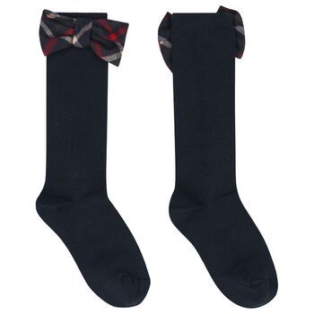 Girls Navy Blue Bow Tartan Socks