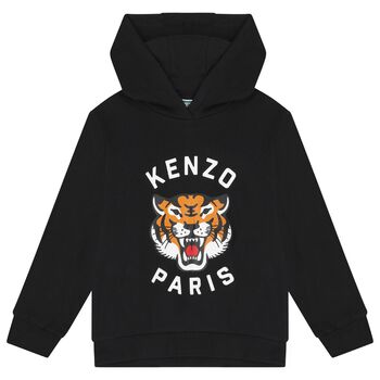 KENZO KIDS بلوزة بغطاء رأس وشعار النمر الأسود للأولاد, 1 بلوزة بغطاء رأس وشعار النمر الأسود للأولاد