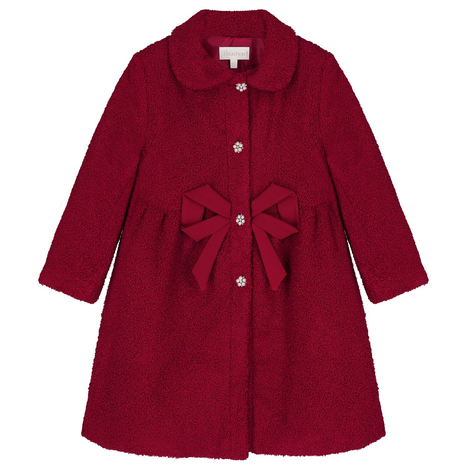 Girls Burgundy Bow Boucl&eacute; Coat, 1, hi-res