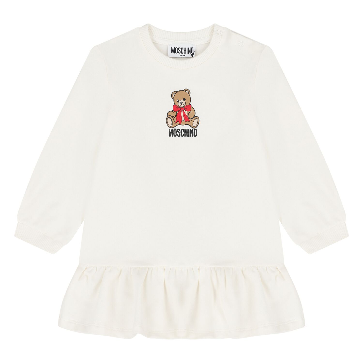 Younger Girls Ivory Teddy Bear Logo Dress , 1, hi-res