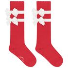 Girls Red & White Satin Bow Knee High Socks, 1, hi-res