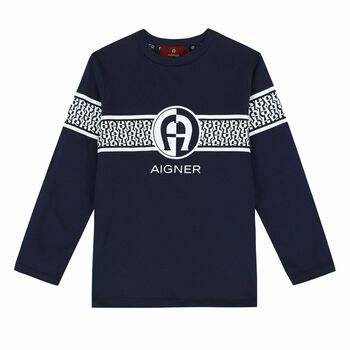 Boys Navy Logo Long Sleeve Top