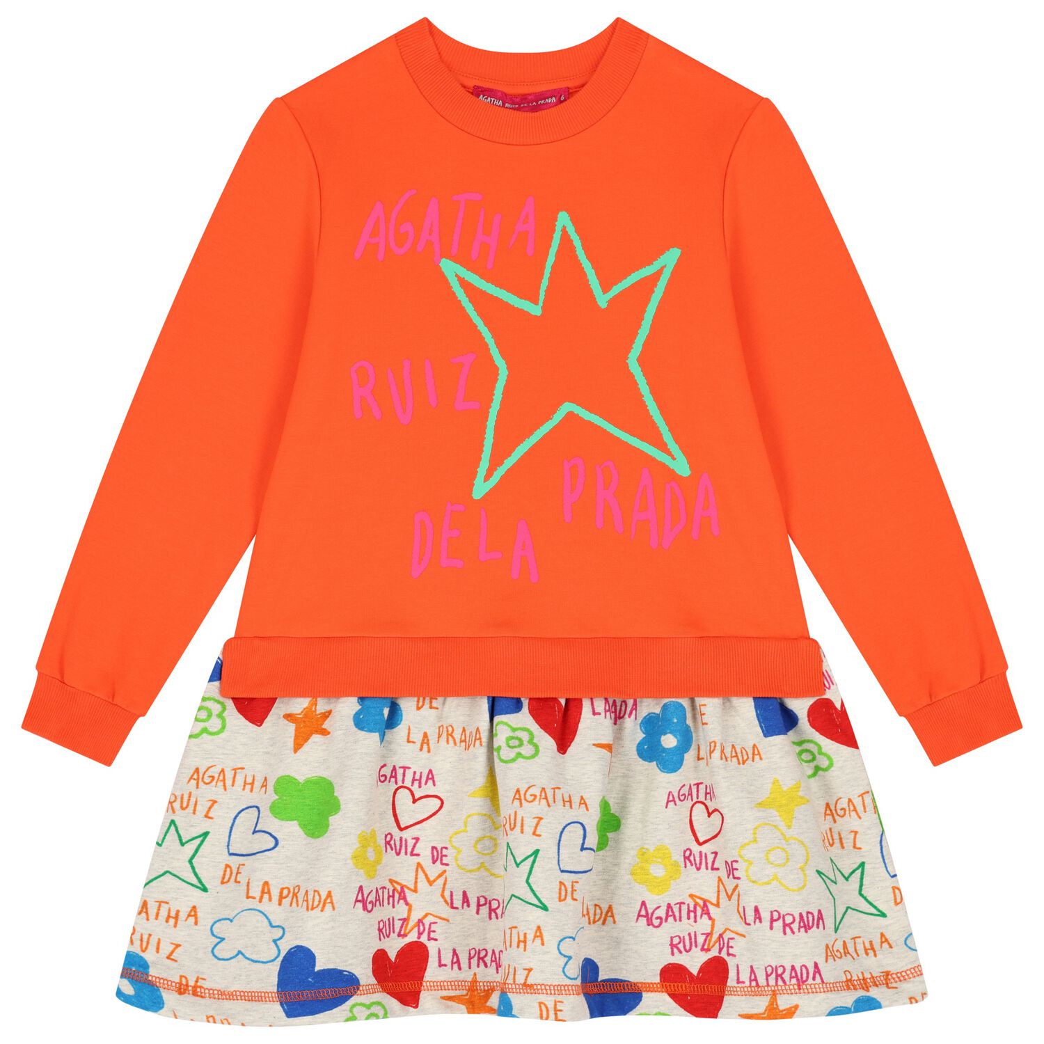 Girls Orange & Grey Star Dress, 1, hi-res