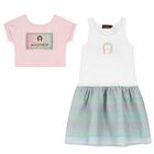Girls Pink, White & Green Logo Dress Set, 2, hi-res