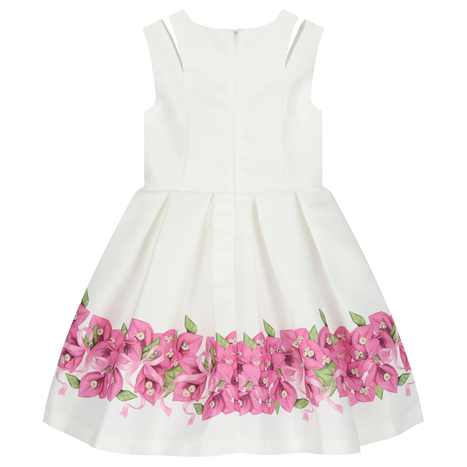Girls White Floral Pleated Dress, 1, hi-res