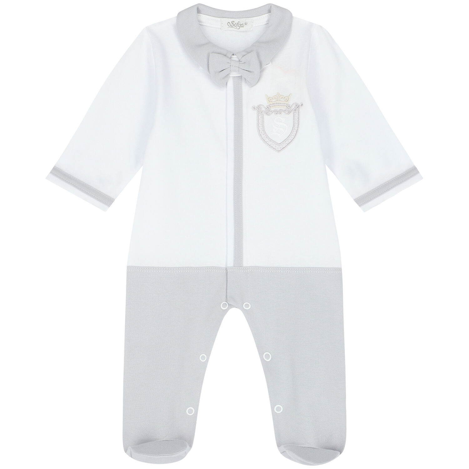 Baby Boys White & Grey Cotton Babygrow, 1, hi-res image number null