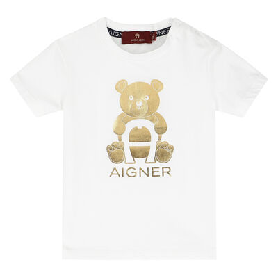 Younger Boys White & Gold Teddy Logo T-Shirt