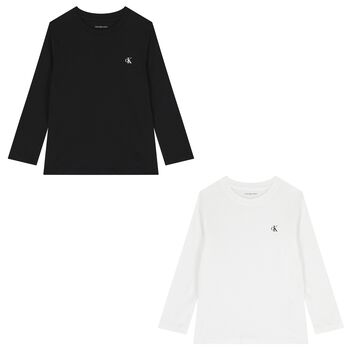 Boys White & Black Logo Long Sleeve Top ( 2-Pack )