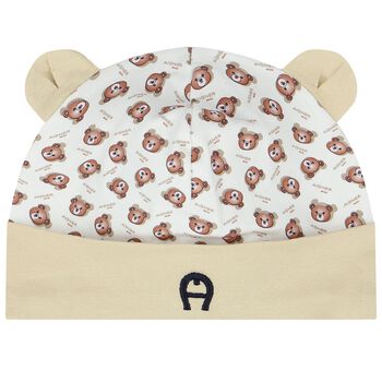 White & Beige Teddy Bear Logo Baby Hat
