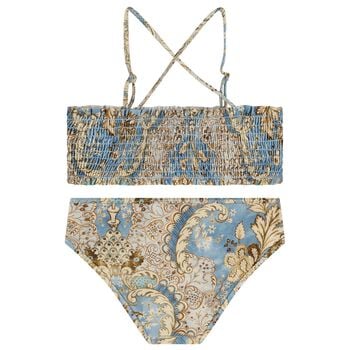 Girls Beige & Blue Floral Bikini