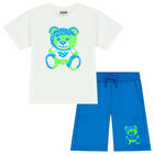 Boys White & Blue Teddy Logo Shorts Set, 1, hi-res