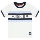 Younger Boys White & Navy T-Shirt, 1, hi-res