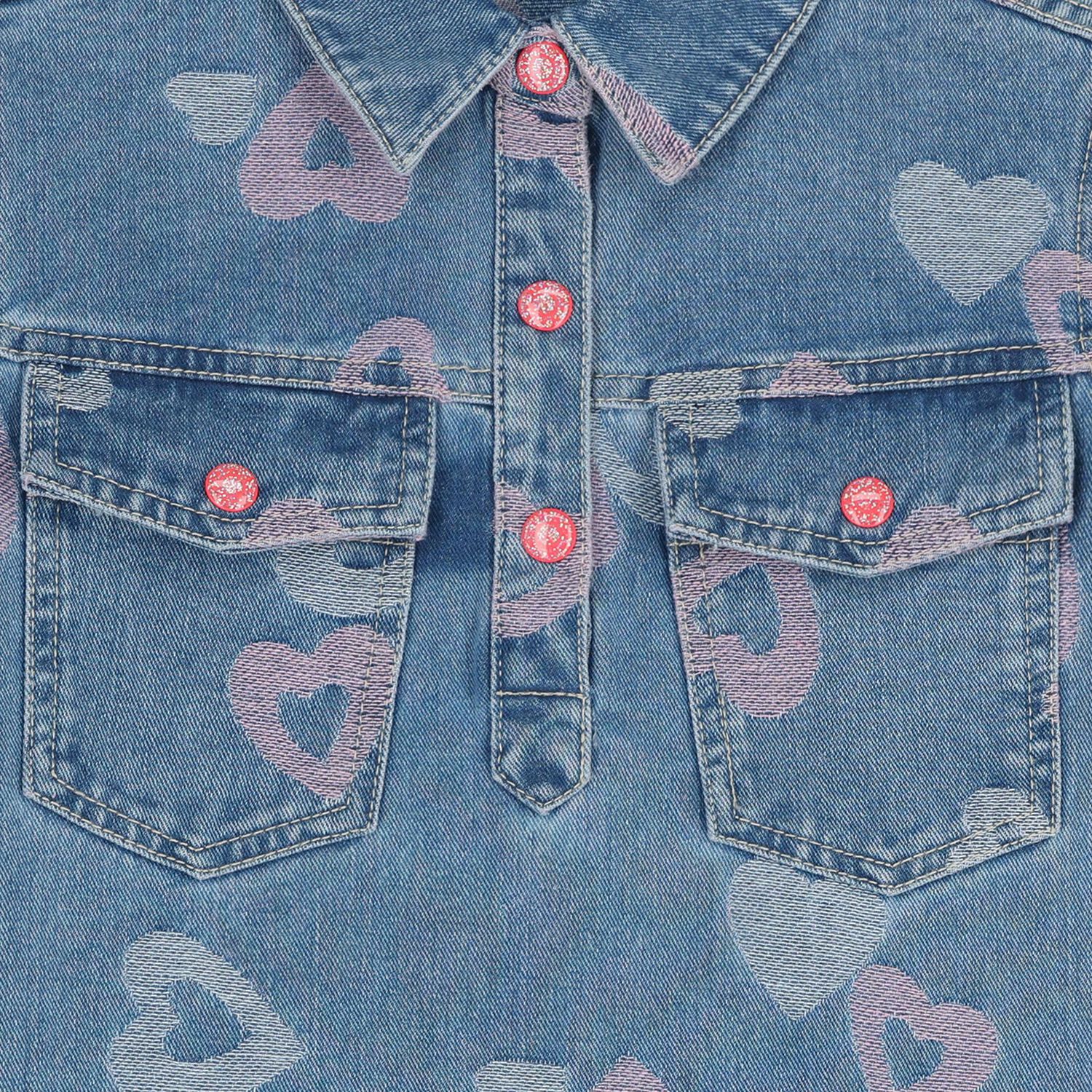 Girls Blue Denim Jacquard Heart Dress, 1, hi-res