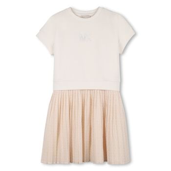 Girls Beige Logo Pleated Dress